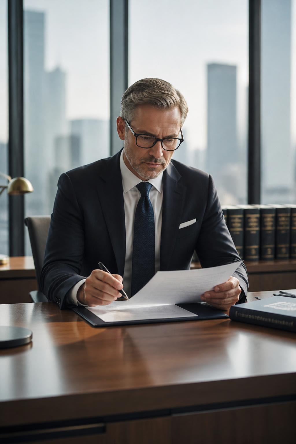 Executivo analisando documentos em escritório corporativo